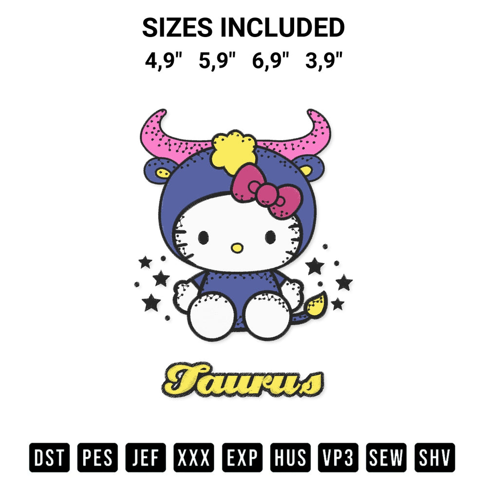 Download the Hello Kitty Zodiac Taurus Logo Embroidery Design machine embroidery design exclusively at Designspacks.com. Premium digitized pattern for apparel and DIY crafts. Available sizes: 4,9", 5,9", 6,9", 3,9".