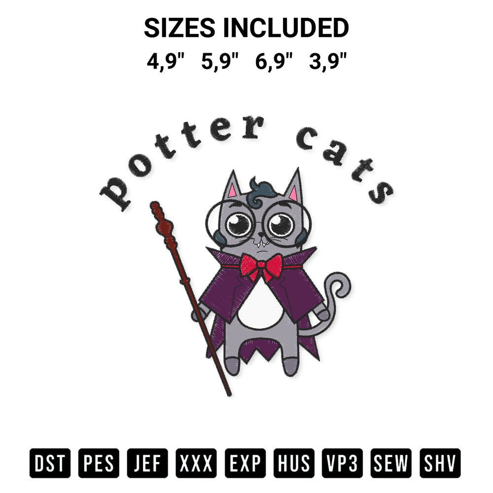 Download the Potter Cats Harry Potter Cat Witches Halloween Logo Embroidery Design machine embroidery design exclusively at Designspacks.com. Premium digitized pattern for apparel and DIY crafts. Available sizes: 4,9", 5,9", 6,9", 3,9".
