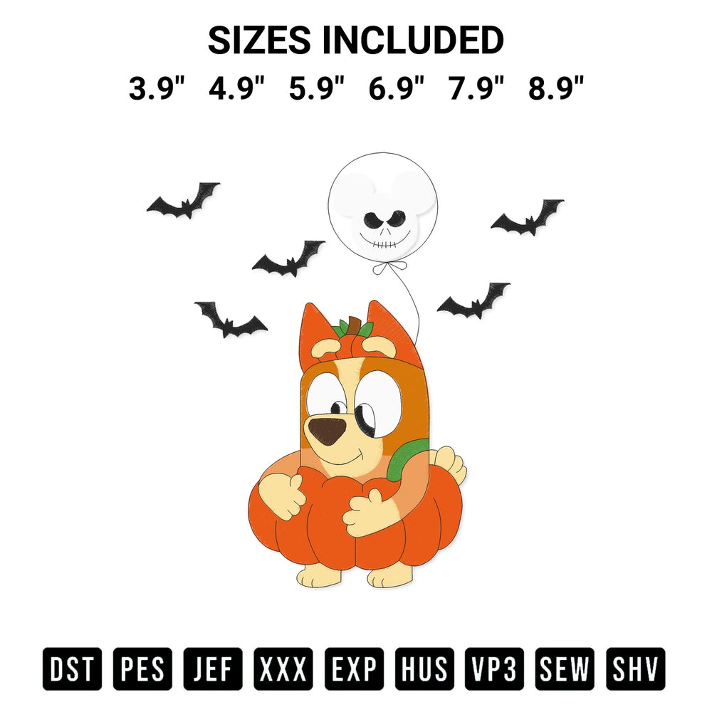Download the Bluey Bingo Halloween Embroidery Design machine embroidery design exclusively at Designspacks.com. Premium digitized pattern for apparel and DIY crafts. Available sizes: 3.9", 4.9", 5.9", 6.9", 7.9", 8.9".