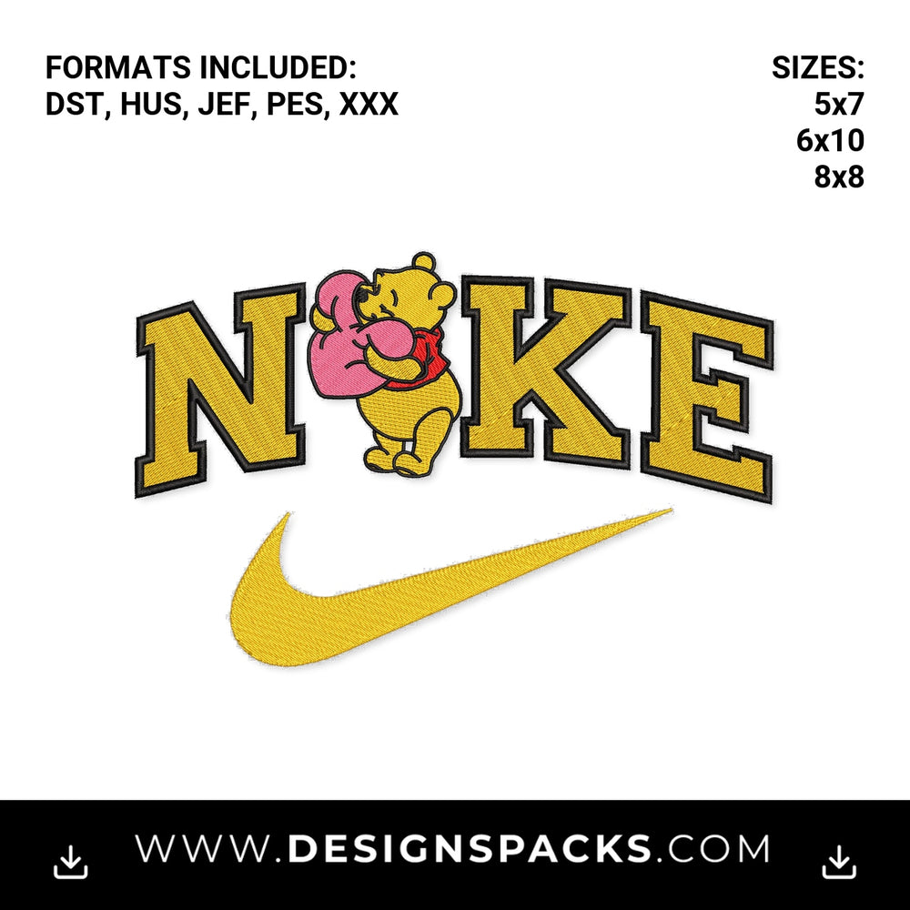 Winnie the Pooh Nike Heart Swoosh Embroidery Design - Instant digital download pattern at Designspacks.com