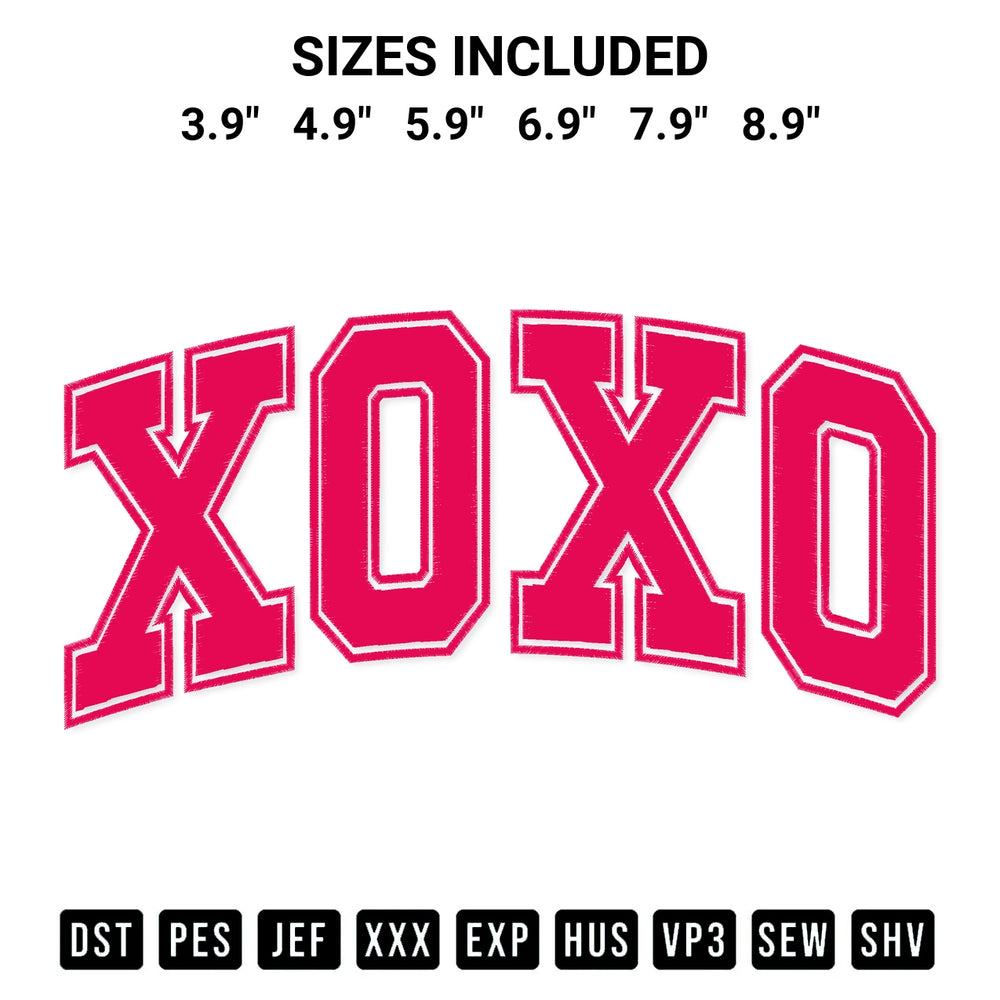 Get the Xoxo Embroidery Design embroidery design for your custom crafts! Premium digitized files available for instant download at Designspacks.com. Available sizes: 3.9", 4.9", 5.9", 6.9", 7.9", 8.9".