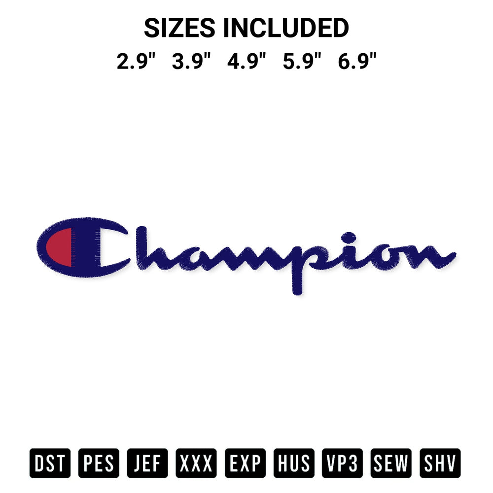 Download the Champion Logo Embroidery Design machine embroidery design exclusively at Designspacks.com. Premium digitized pattern for apparel and DIY crafts. Available sizes: 2.9", 3.9", 4.9", 5.9", 6.9".