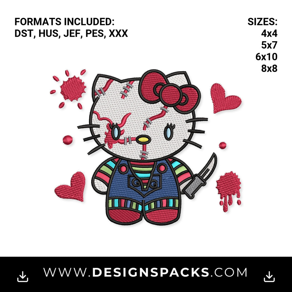 Horror Killer Kitty Doll with Knife Embroidery Design - Instant digital download pattern at Designspacks.com
