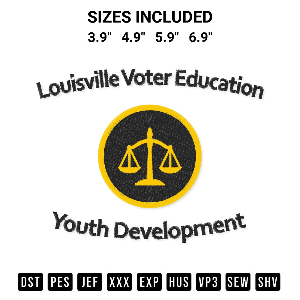 Shop the Louisville Voter Education Youth Development Embroidery Design machine embroidery pattern at Designspacks.com. Beautifully digitized for flawless stitching on any fabric. Available sizes: 3.9", 4.9", 5.9", 6.9".