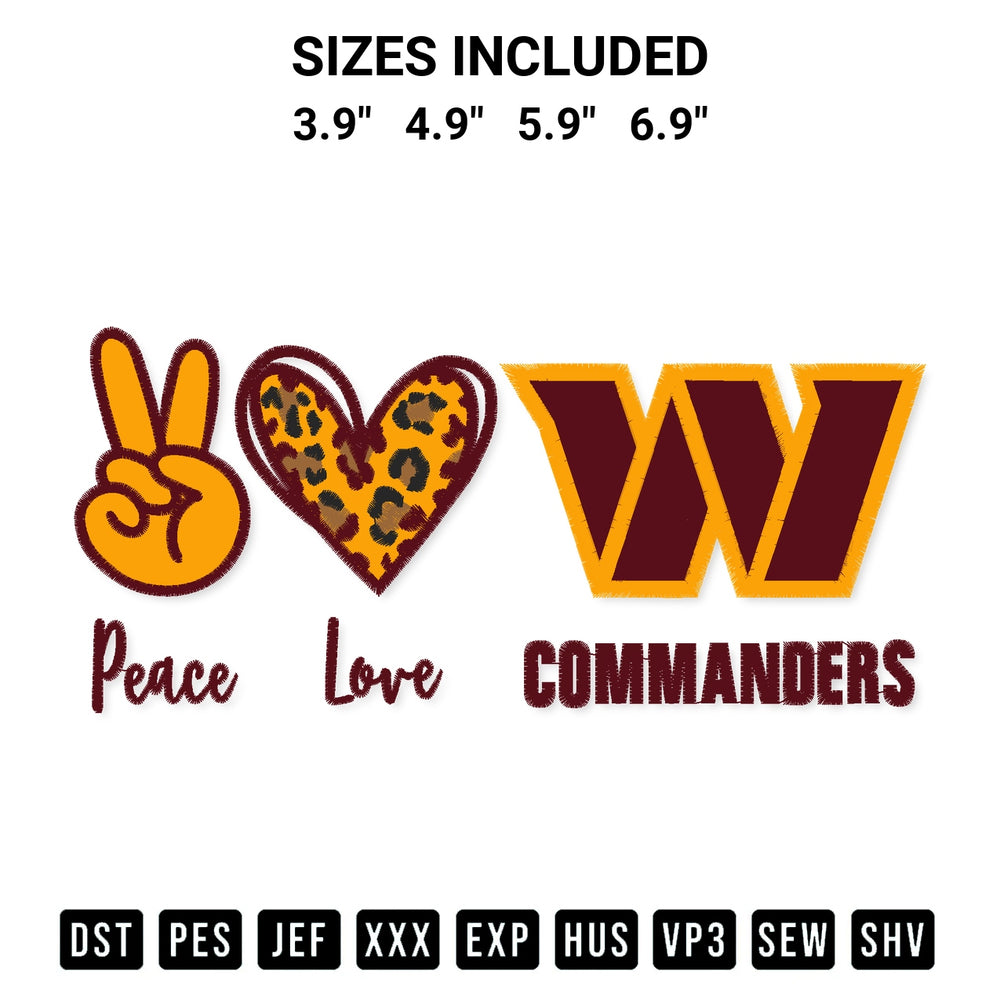 Add a unique touch to your apparel with the Peace Love Commanders Embroidery Design embroidery file. Premium instant download available now on Designspacks.com. Available sizes: 3.9", 4.9", 5.9", 6.9".