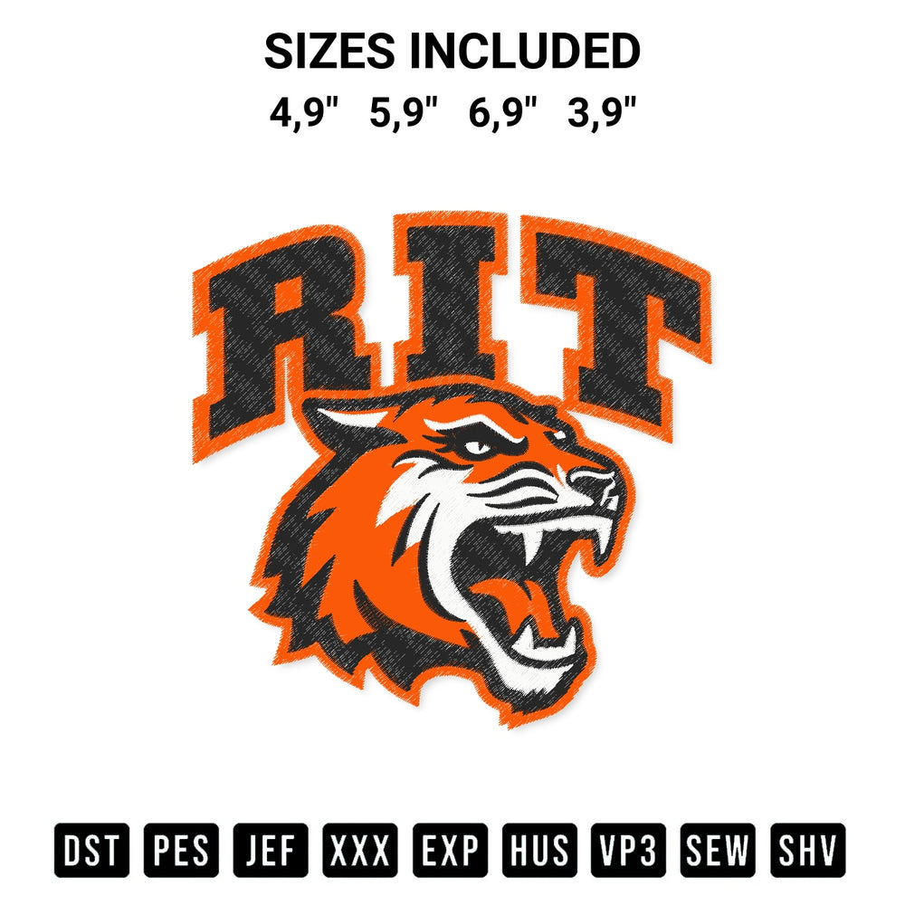 Get the Rit Rochester Institute Of Technology Tiger Logo Embroidery Design embroidery design for your custom crafts! Premium digitized files available for instant download at Designspacks.com. Available sizes: 4,9", 5,9", 6,9", 3,9".