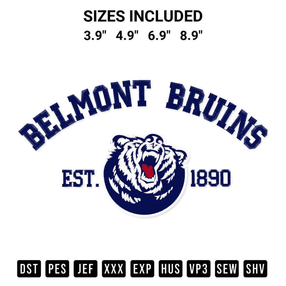 Discover the perfect addition to your crafting collection: Belmont Bruins Est 1890 Embroidery Design embroidery file. Instantly available at Designspacks.com. Available sizes: 3.9", 4.9", 6.9", 8.9".