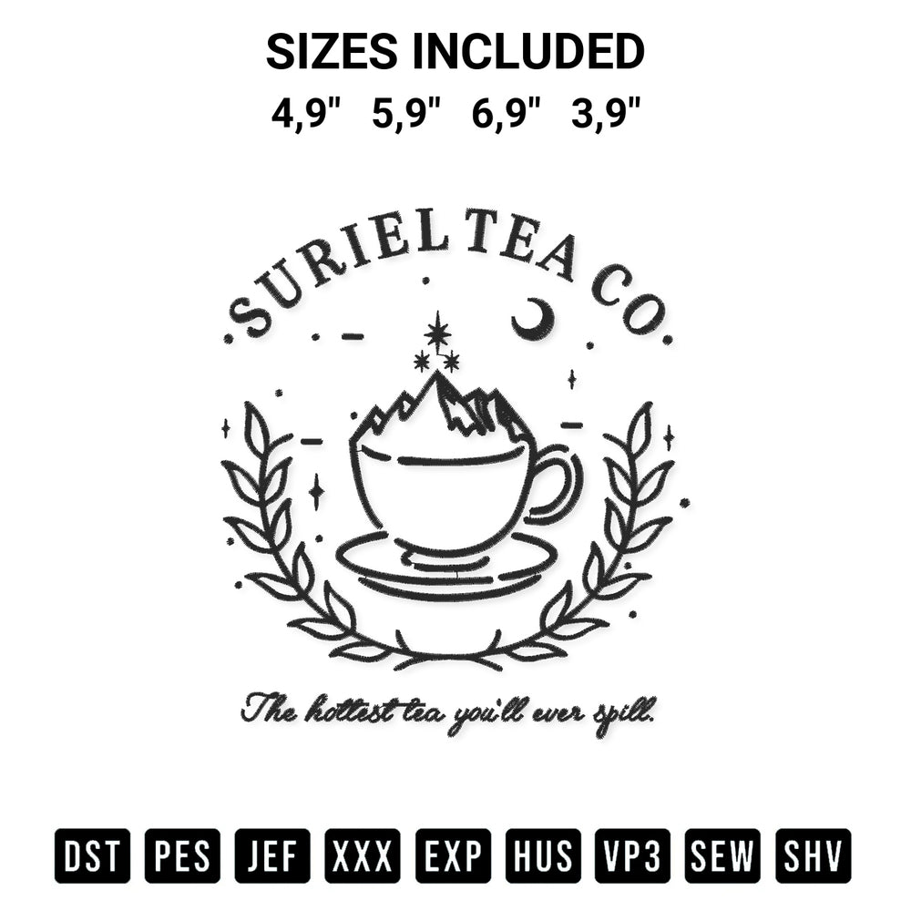 Stitch like a pro with the Suriel Tea Co Coffee Logo Embroidery Design embroidery pattern from Designspacks.com. High-quality digital machine embroidery file. Available sizes: 4,9", 5,9", 6,9", 3,9".