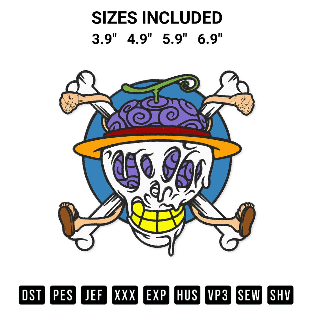 Shop the Devil Fruit One Piece Jolly Roger Embroidery Design machine embroidery pattern at Designspacks.com. Beautifully digitized for flawless stitching on any fabric. Available sizes: 3.9", 4.9", 5.9", 6.9".