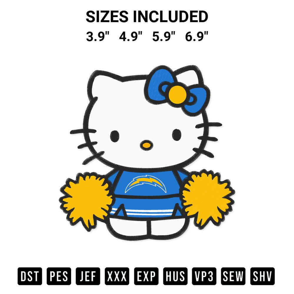 Download the Los Angeles Chargers Hello Kitty Cheerleader Embroidery Design machine embroidery design exclusively at Designspacks.com. Premium digitized pattern for apparel and DIY crafts. Available sizes: 3.9", 4.9", 5.9", 6.9".