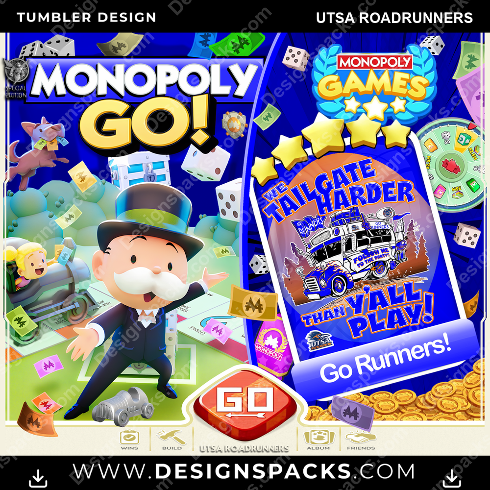 College Sport Monopoly Go! UTSA Roadrunners NCAA College Sport Tumbler Digital Wrap Design Download