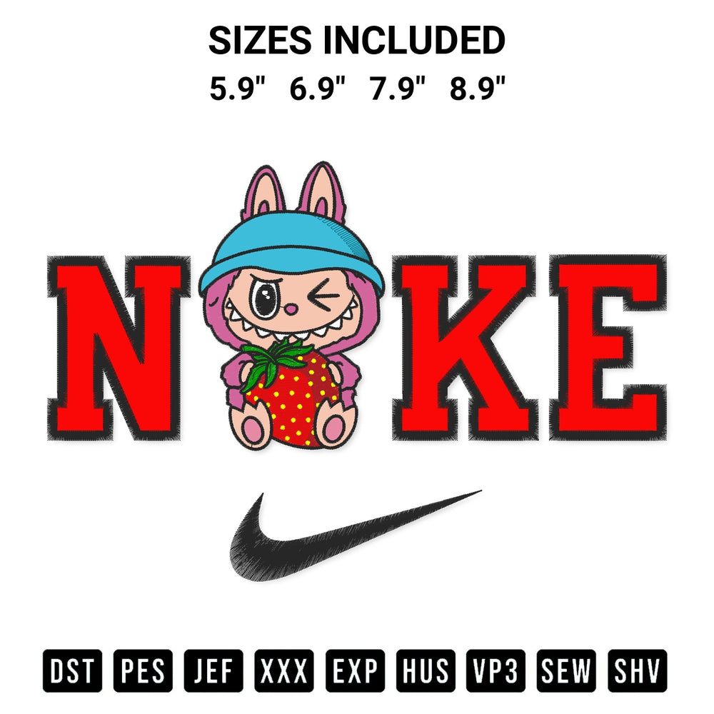 Shop the Nike Labubu Strawberry Embroidery Design machine embroidery pattern at Designspacks.com. Beautifully digitized for flawless stitching on any fabric. Available sizes: 5.9", 6.9", 7.9", 8.9".