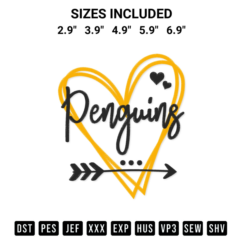 Download the Pittsburgh Penguins Heart Embroidery Design machine embroidery design exclusively at Designspacks.com. Premium digitized pattern for apparel and DIY crafts. Available sizes: 2.9", 3.9", 4.9", 5.9", 6.9".
