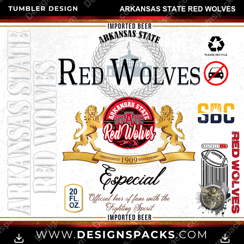 College Sport Modelo Arkansas State Red Wolves Tumbler Digital Wrap Design
