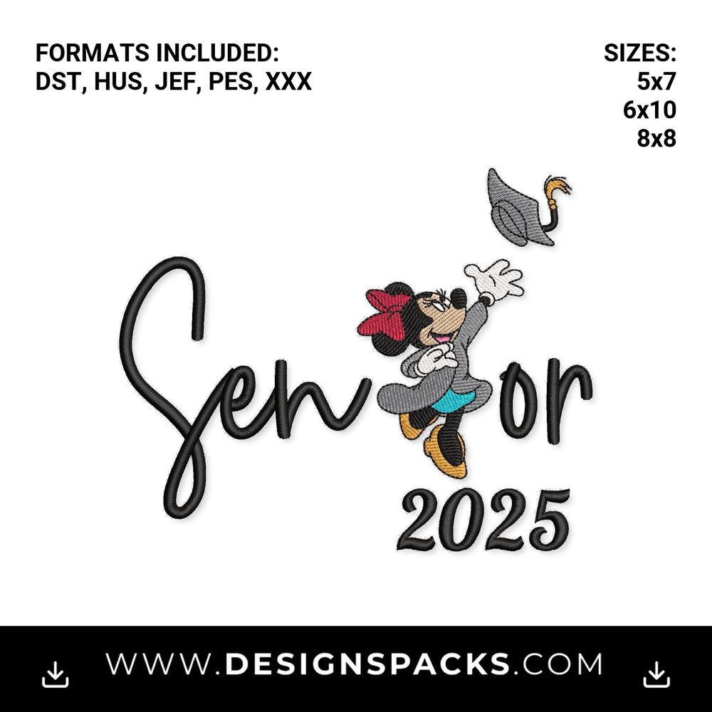 Minnie Mouse Senior 2025 Graduation Embroidery Design - Instant digital download pattern at Designspacks.com