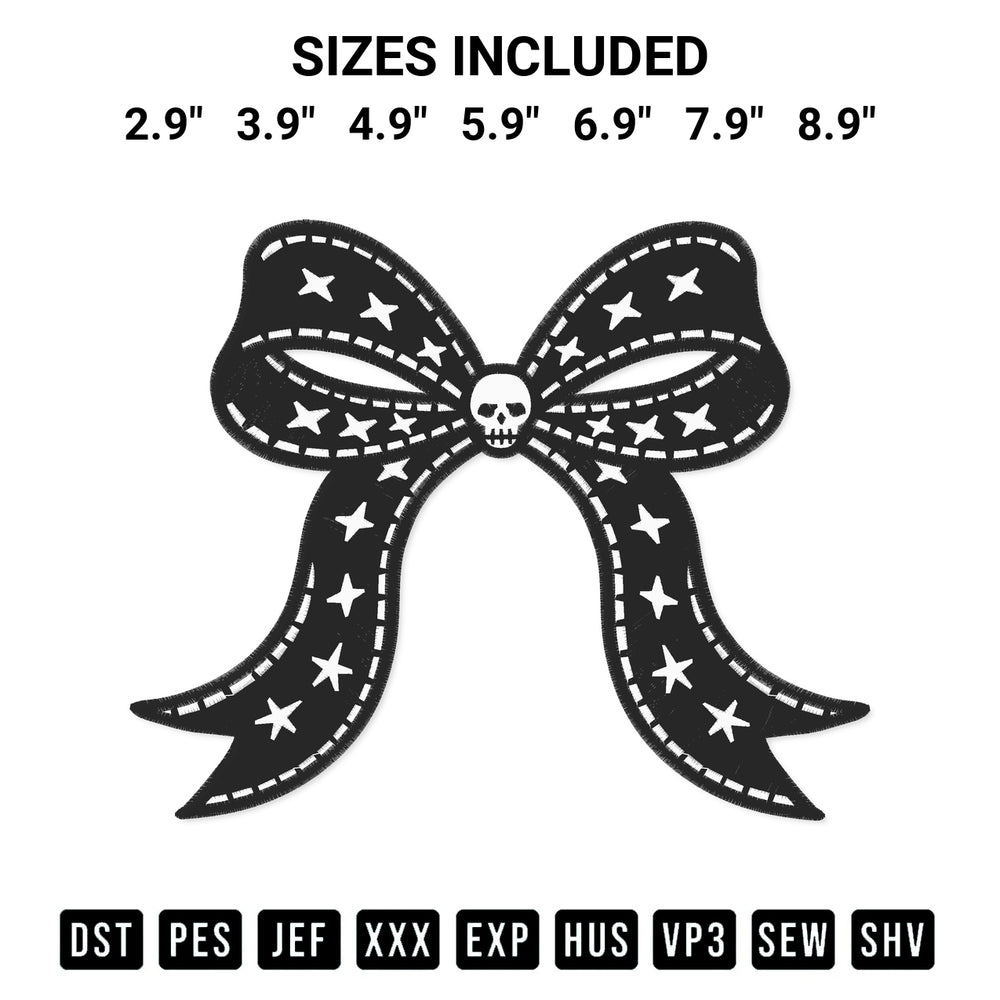 Shop the Skull Bow Black Embroidery Design machine embroidery pattern at Designspacks.com. Beautifully digitized for flawless stitching on any fabric. Available sizes: 2.9", 3.9", 4.9", 5.9", 6.9", 7.9", 8.9".