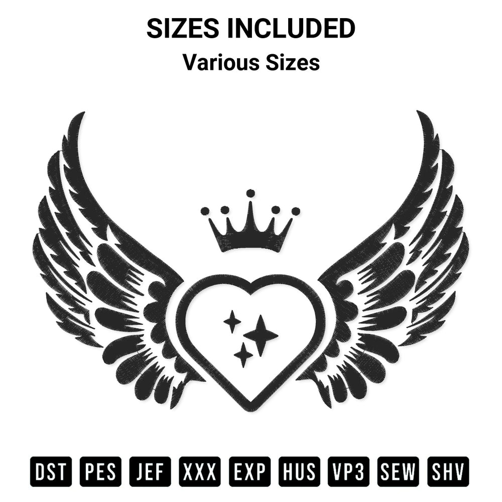 Discover the perfect addition to your crafting collection: Winged Heart With Crown Embroidery Design embroidery file. Instantly available at Designspacks.com. Available sizes: Various Sizes.