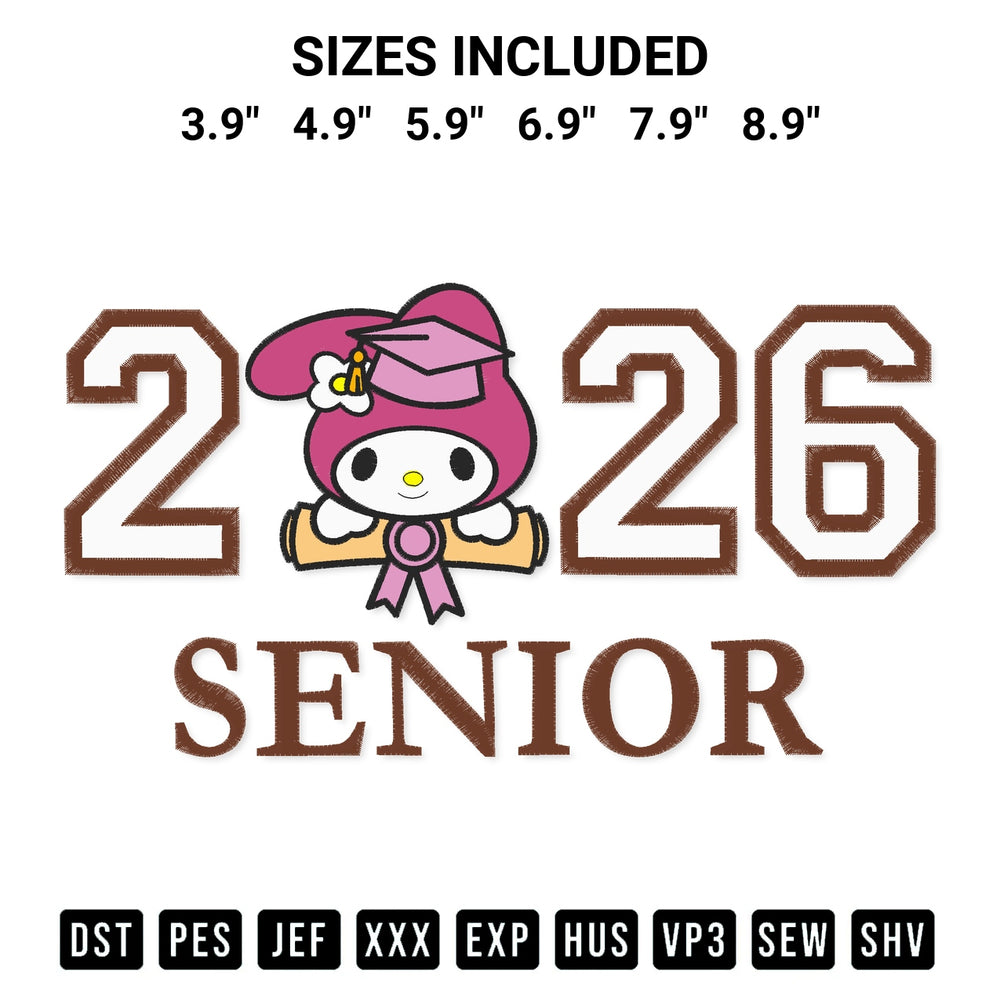Create amazing crafts with the Senior 2026 My Melody Embroidery Design embroidery file. High-quality digital download from Designspacks.com, perfect for beginners and pros. Available sizes: 3.9", 4.9", 5.9", 6.9", 7.9", 8.9".