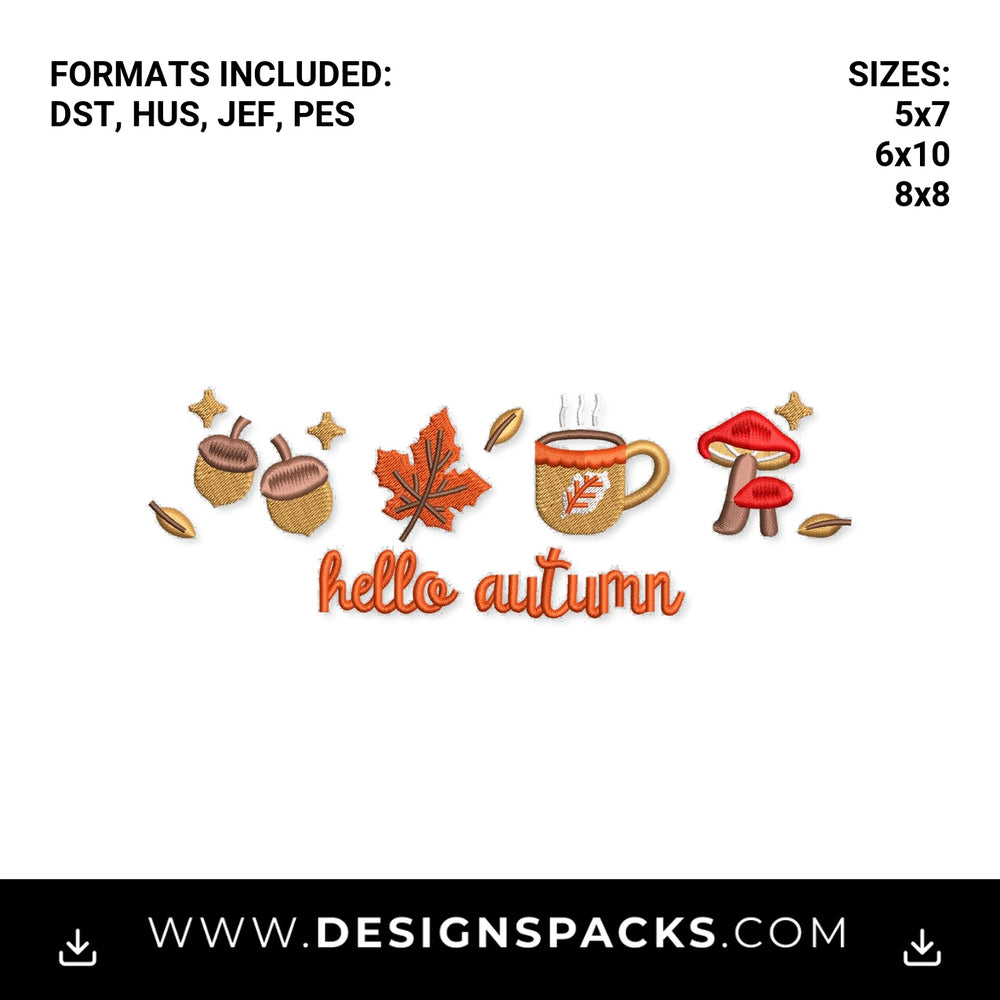 Hello Autumn Fall Mug and Leaves Border Embroidery Design - Instant digital download pattern at Designspacks.com