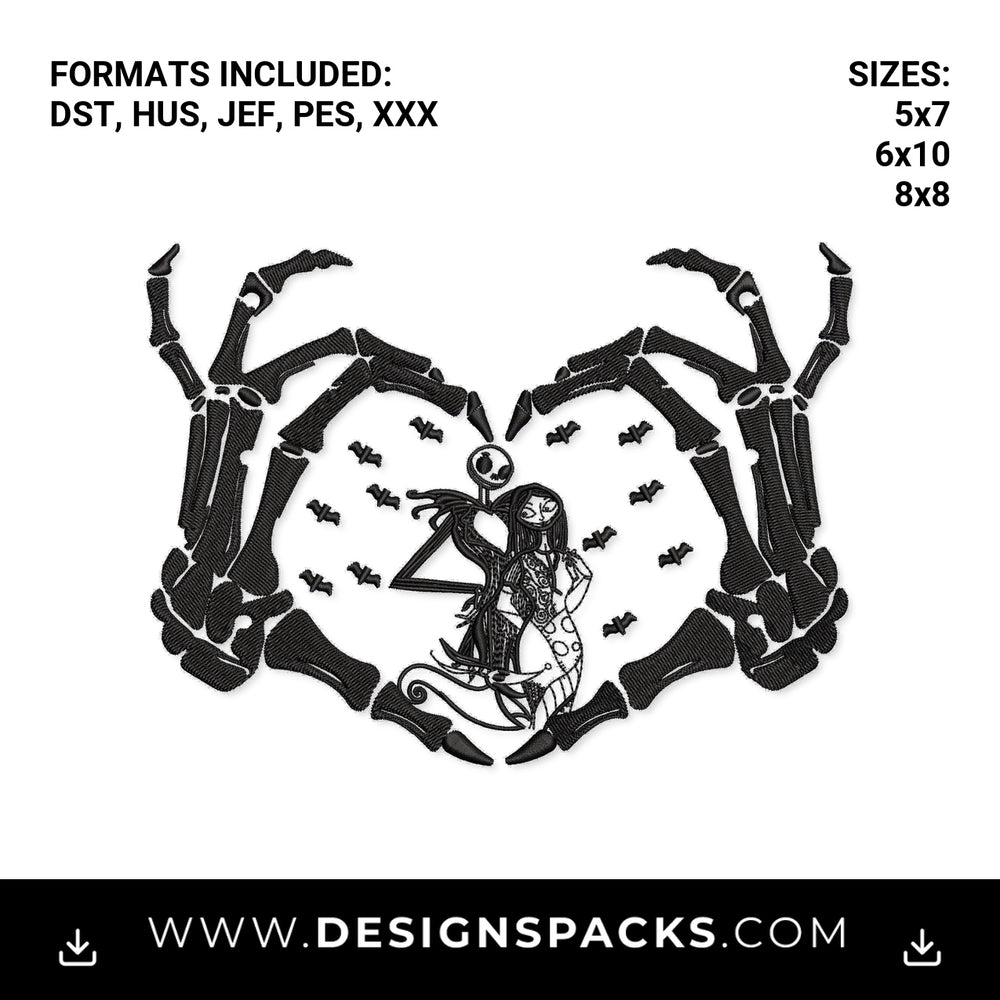 Jack and Sally Skeleton Heart Hands Embroidery Design - Instant digital download pattern at Designspacks.com