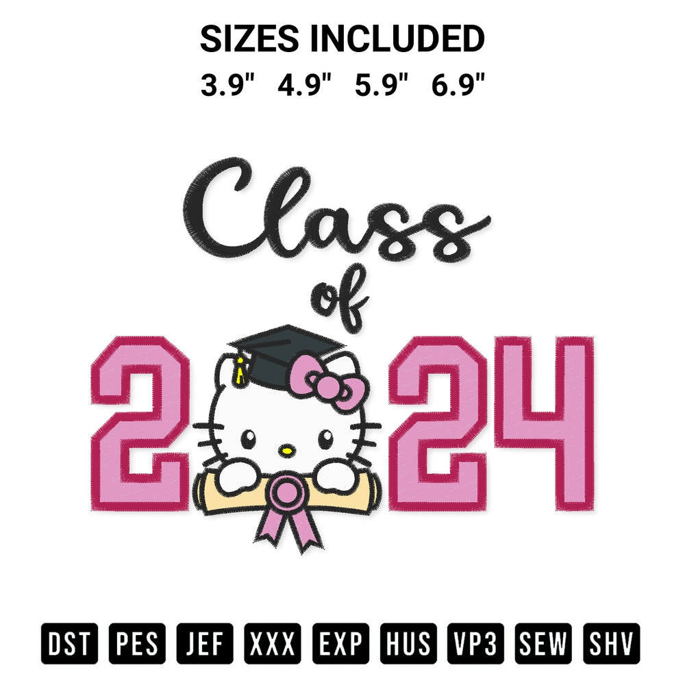Discover the perfect addition to your crafting collection: Hello Kitty Graduation Class Of 2024 Embroidery Design embroidery file. Instantly available at Designspacks.com. Available sizes: 3.9", 4.9", 5.9", 6.9".