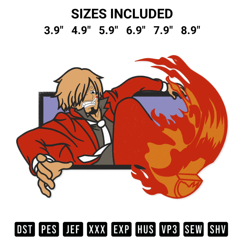 Discover the perfect addition to your crafting collection: Vinsmoke Sanji Anime Embroidery Design embroidery file. Instantly available at Designspacks.com. Available sizes: 3.9", 4.9", 5.9", 6.9", 7.9", 8.9".