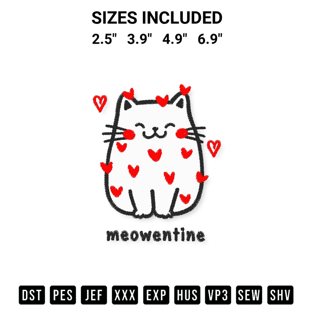 Shop the Meowentine Cute Cat Valentine Embroidery Design machine embroidery pattern at Designspacks.com. Beautifully digitized for flawless stitching on any fabric. Available sizes: 2.5", 3.9", 4.9", 6.9".