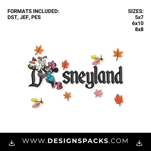Minnie Mouse Disneyland Autumn Leaves Embroidery Design - Instant digital download pattern at Designspacks.com