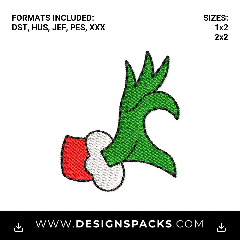 Christmas Green Monster Hand Heart Embroidery Design - Instant digital download pattern at Designspacks.com