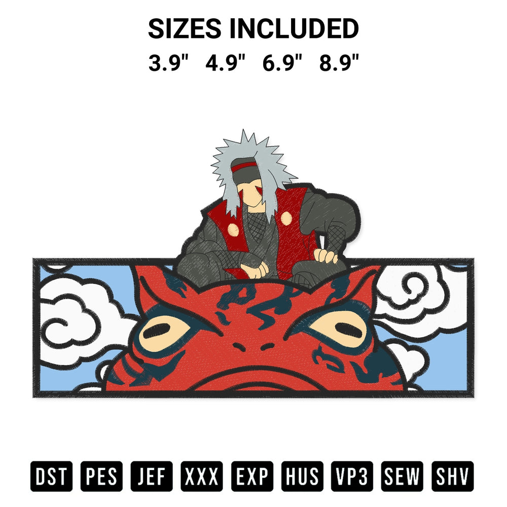 Add a unique touch to your apparel with the Jiraiya Rides Toad Embroidery Design embroidery file. Premium instant download available now on Designspacks.com. Available sizes: 3.9", 4.9", 6.9", 8.9".