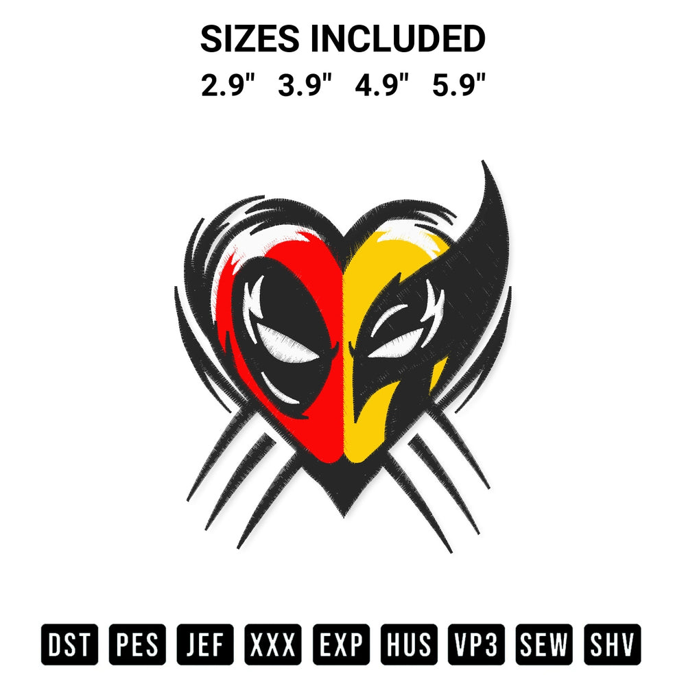 Create amazing crafts with the Deadpool And Wolverine Heart Logo Embroidery Design embroidery file. High-quality digital download from Designspacks.com, perfect for beginners and pros. Available sizes: 2.9", 3.9", 4.9", 5.9".