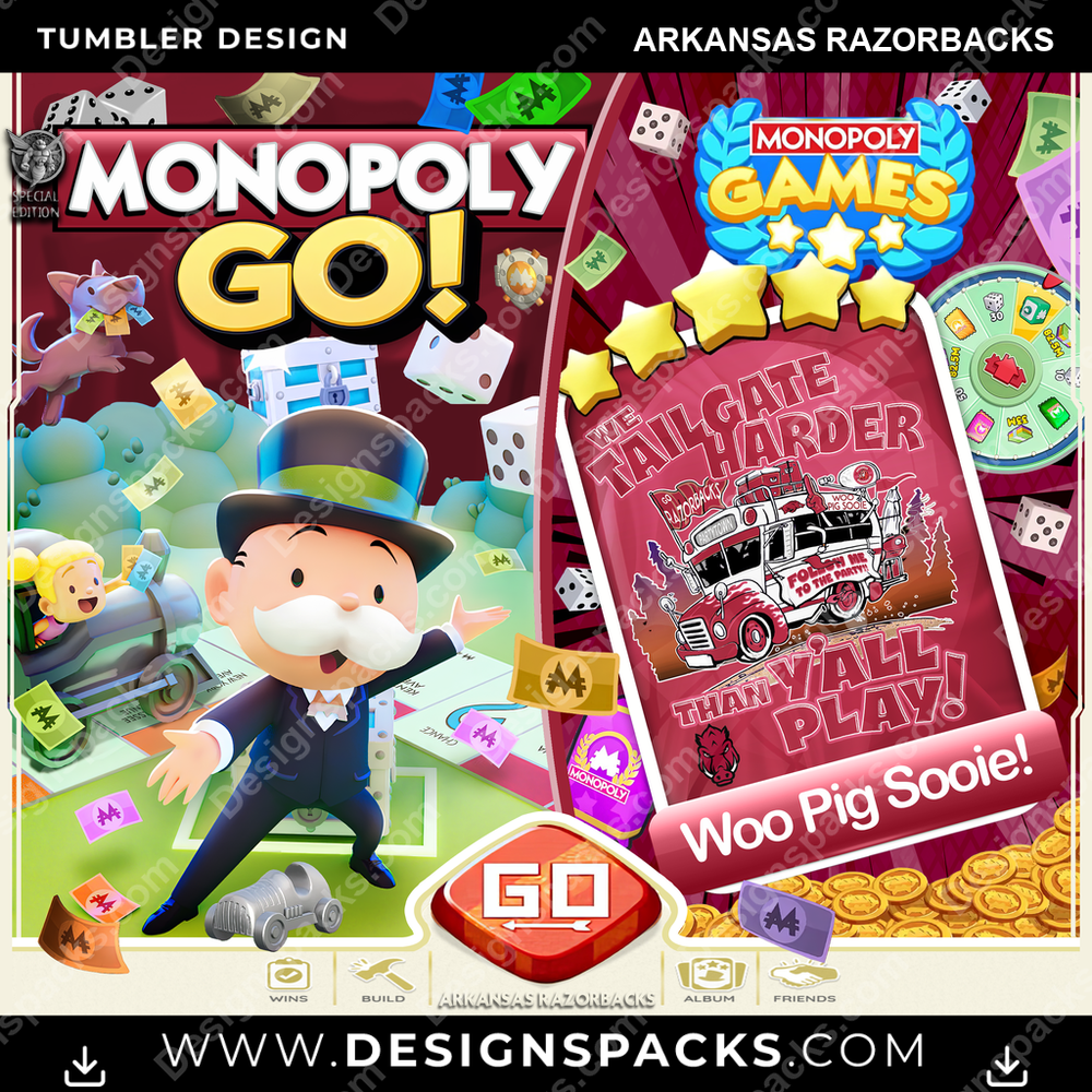 College Sport Monopoly Go! Arkansas Razorbacks NCAA College Sport Tumbler Digital Wrap Design Download