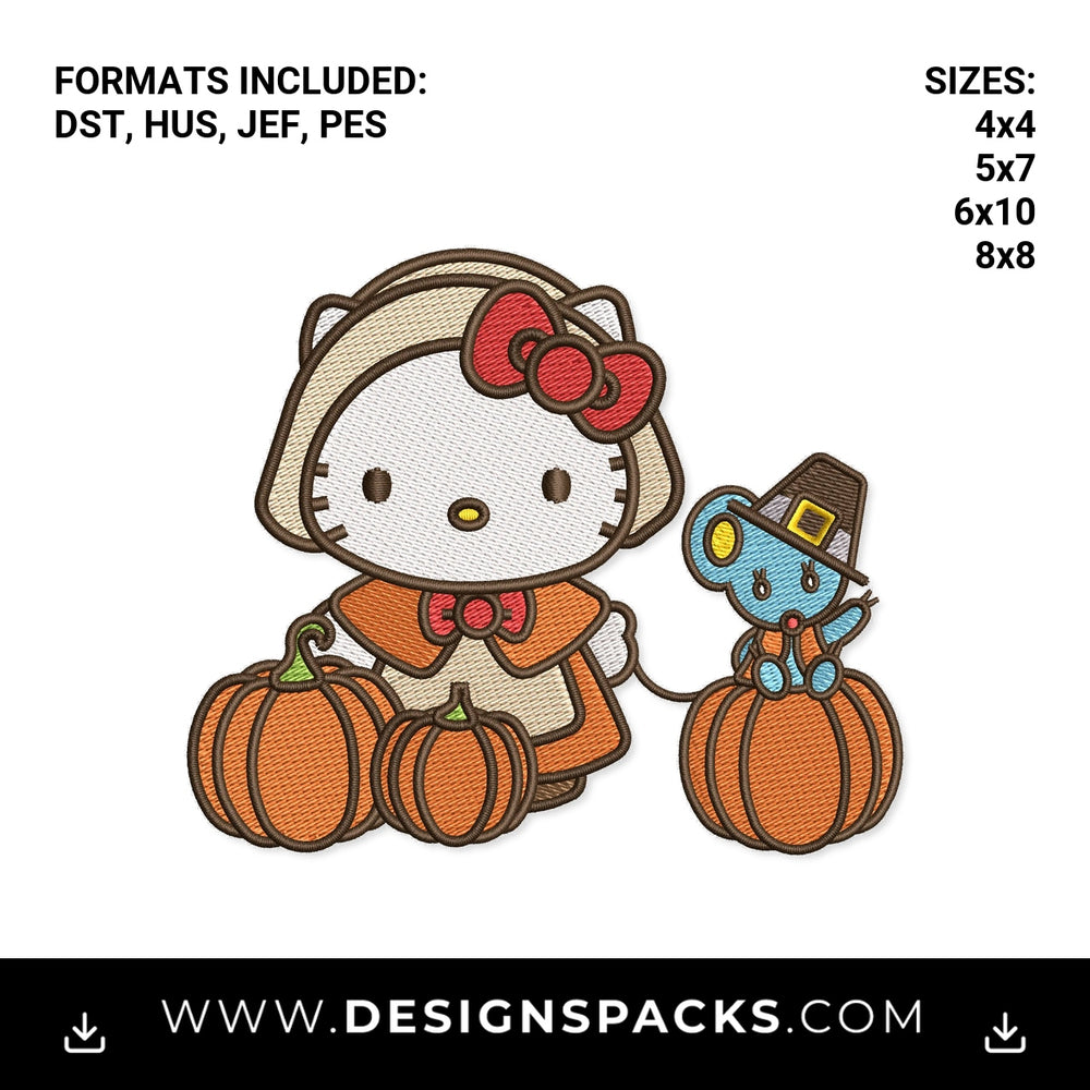 Pilgrim Kitty Thanksgiving Pumpkins Embroidery Design - Instant digital download pattern at Designspacks.com