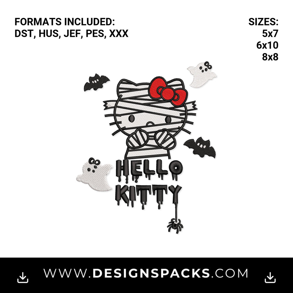 Spooky Halloween Mummy Hello Kitty Embroidery Design - Instant digital download pattern at Designspacks.com