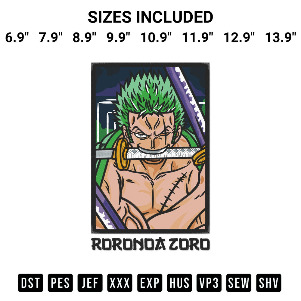 Download the Pattern Roronoa Zoro Embroidery Design machine embroidery design exclusively at Designspacks.com. Premium digitized pattern for apparel and DIY crafts. Available sizes: 6.9", 7.9", 8.9", 9.9", 10.9", 11.9", 12.9", 13.9".