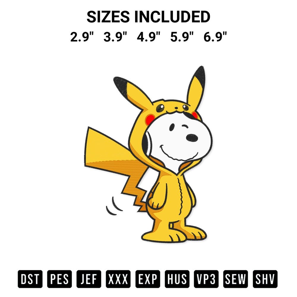 Download the Snoopy As Pikachu Embroidery Design machine embroidery design exclusively at Designspacks.com. Premium digitized pattern for apparel and DIY crafts. Available sizes: 2.9", 3.9", 4.9", 5.9", 6.9".
