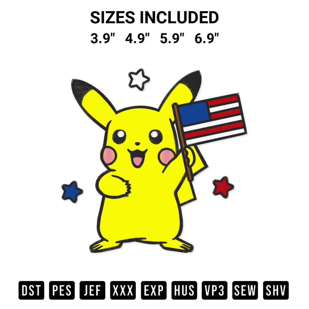 Create amazing crafts with the Pikachu 4Th Of July Embroidery Design embroidery file. High-quality digital download from Designspacks.com, perfect for beginners and pros. Available sizes: 3.9", 4.9", 5.9", 6.9".