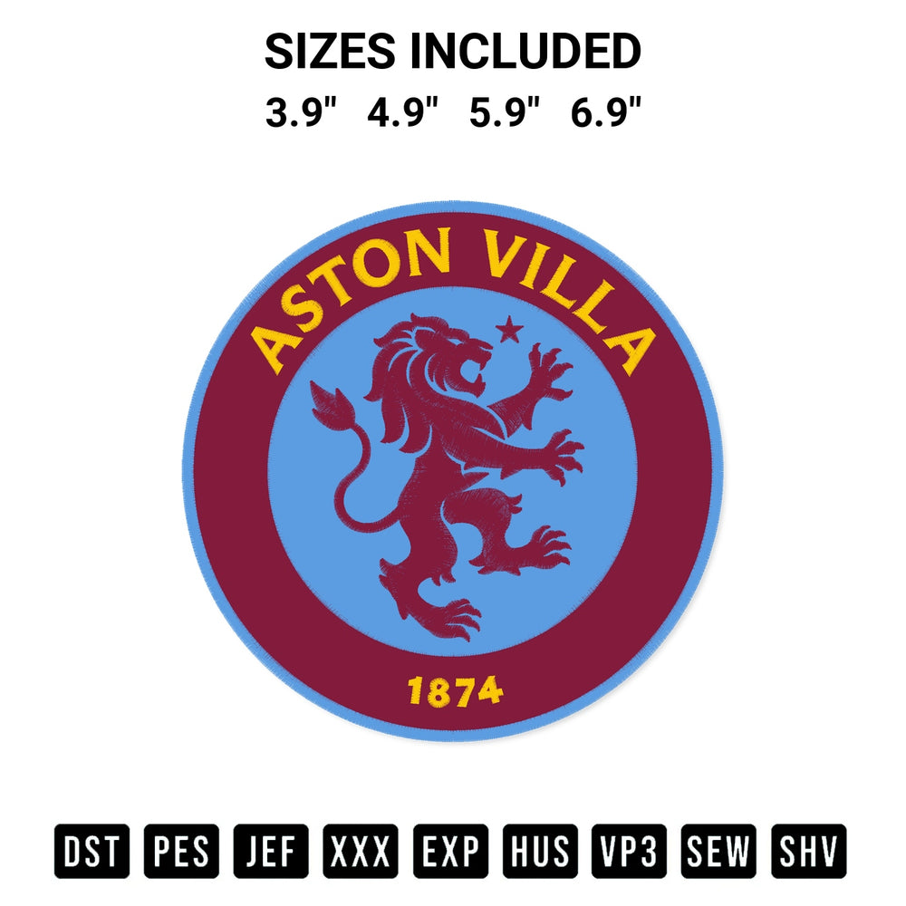 Create amazing crafts with the Fc Aston Villa Circle Logo Embroidery Design embroidery file. High-quality digital download from Designspacks.com, perfect for beginners and pros. Available sizes: 3.9", 4.9", 5.9", 6.9".