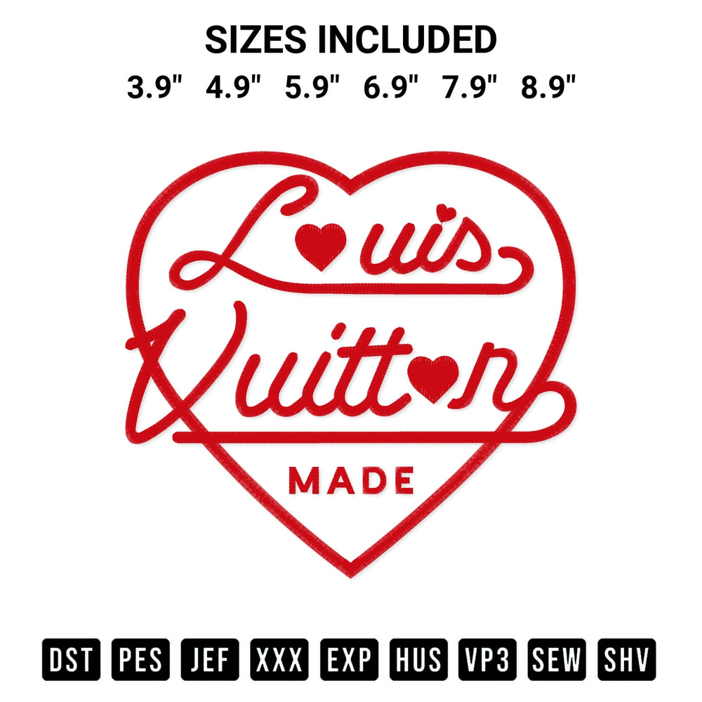 Stitch like a pro with the Louis Vuitton Heart Embroidery Design embroidery pattern from Designspacks.com. High-quality digital machine embroidery file. Available sizes: 3.9", 4.9", 5.9", 6.9", 7.9", 8.9".