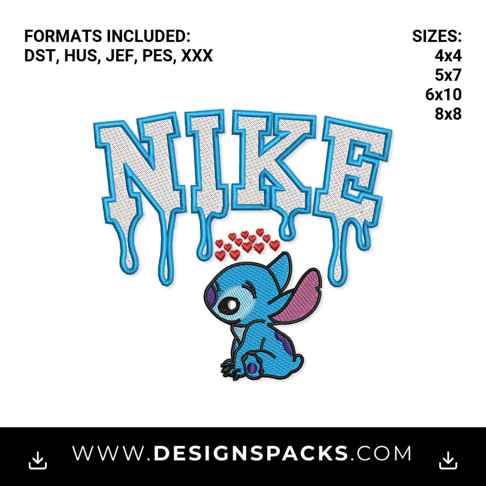 Dripping Nike Stitch with Hearts Embroidery Design - Instant digital download pattern at Designspacks.com