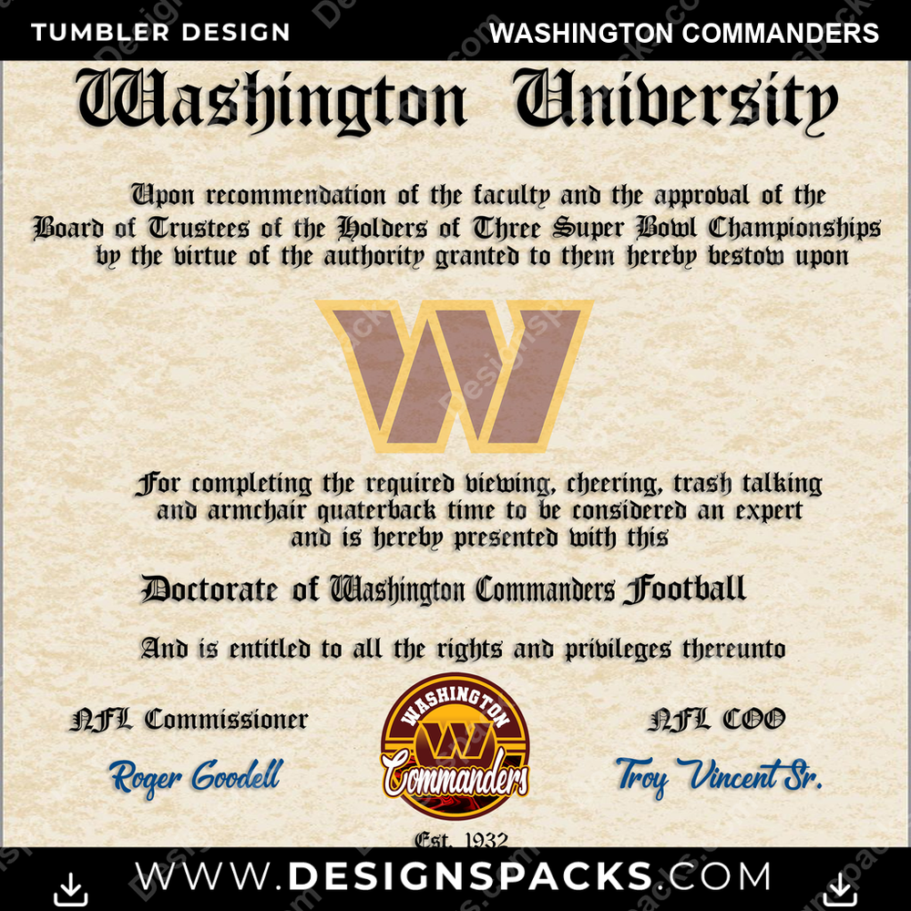 Football Diploma Washington Commanders Tumbler Digital Wrap Design
