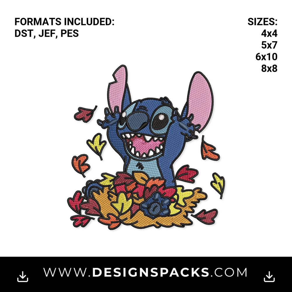 Stitch Playing in Fall Leaves Embroidery Design - Instant digital download pattern at Designspacks.com
