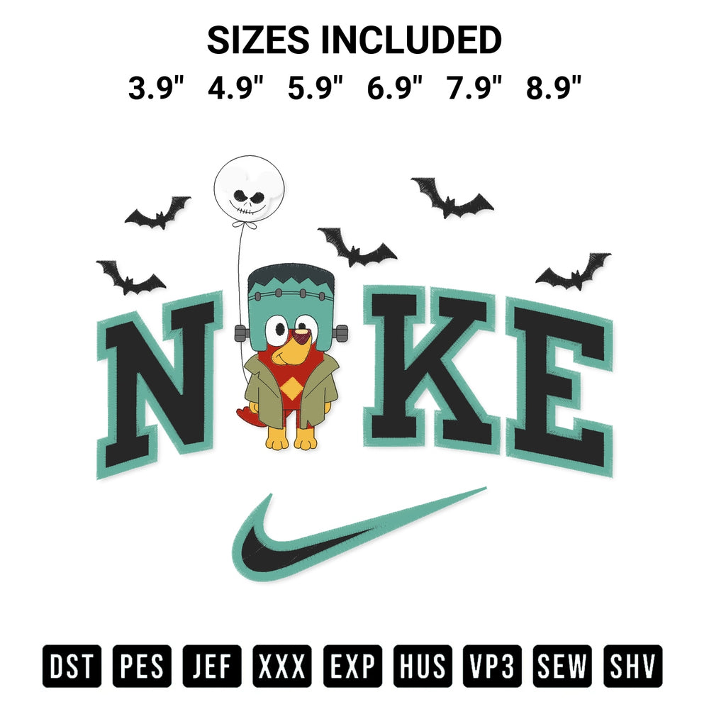 Create amazing crafts with the Bluey Rusty Halloween X Nike Embroidery Design embroidery file. High-quality digital download from Designspacks.com, perfect for beginners and pros. Available sizes: 3.9", 4.9", 5.9", 6.9", 7.9", 8.9".