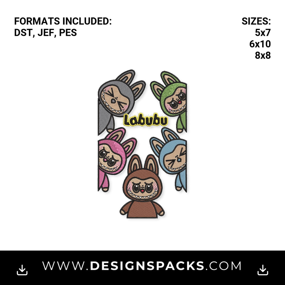 Colorful Labubu Peeking Friends Embroidery Design - Instant digital download pattern at Designspacks.com