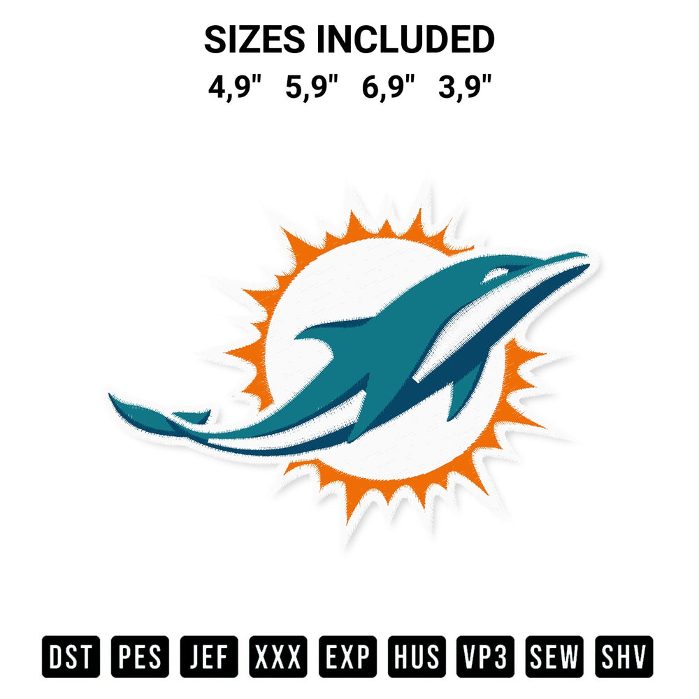 Stitch like a pro with the Miami Dolphins Logo Embroidery Design embroidery pattern from Designspacks.com. High-quality digital machine embroidery file. Available sizes: 4,9", 5,9", 6,9", 3,9".