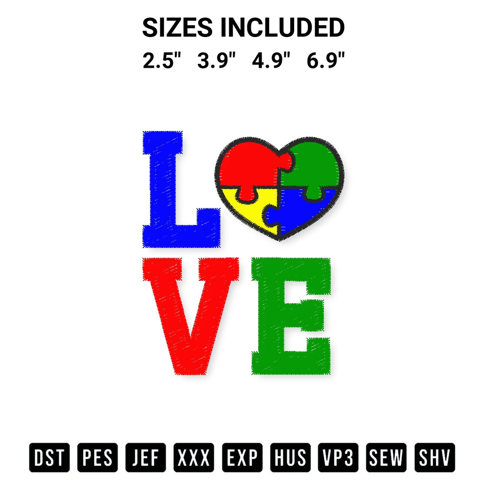 Get the Autism Awareness Love Embroidery Design embroidery design for your custom crafts! Premium digitized files available for instant download at Designspacks.com. Available sizes: 2.5", 3.9", 4.9", 6.9".