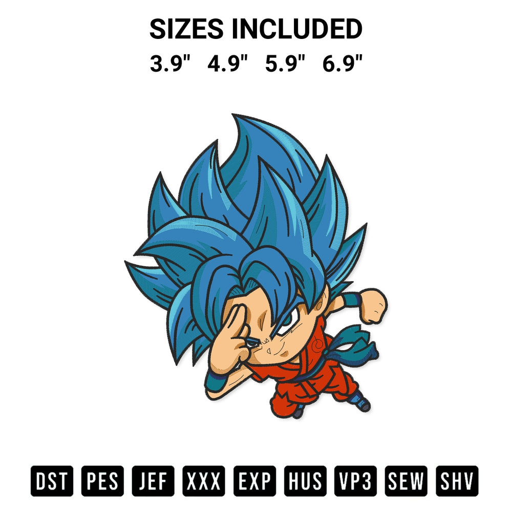 Create amazing crafts with the Chibi Super Saiyan Blue Goku Embroidery Design embroidery file. High-quality digital download from Designspacks.com, perfect for beginners and pros. Available sizes: 3.9", 4.9", 5.9", 6.9".
