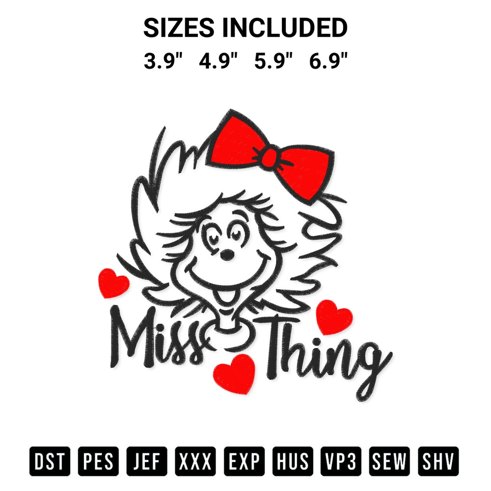 Create amazing crafts with the Dr Seuss Miss Thing Little Miss Thing Embroidery Design embroidery file. High-quality digital download from Designspacks.com, perfect for beginners and pros. Available sizes: 3.9", 4.9", 5.9", 6.9".