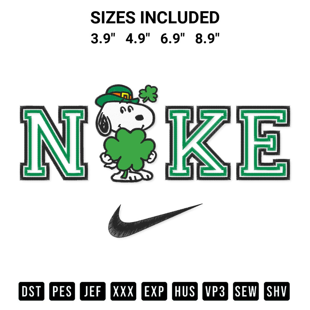 Looking for the perfect pattern? Download the Nike Snoopy St Patricks Day Embroidery Design embroidery design today at Designspacks.com. Crisp, clean stitching guaranteed. Available sizes: 3.9", 4.9", 6.9", 8.9".