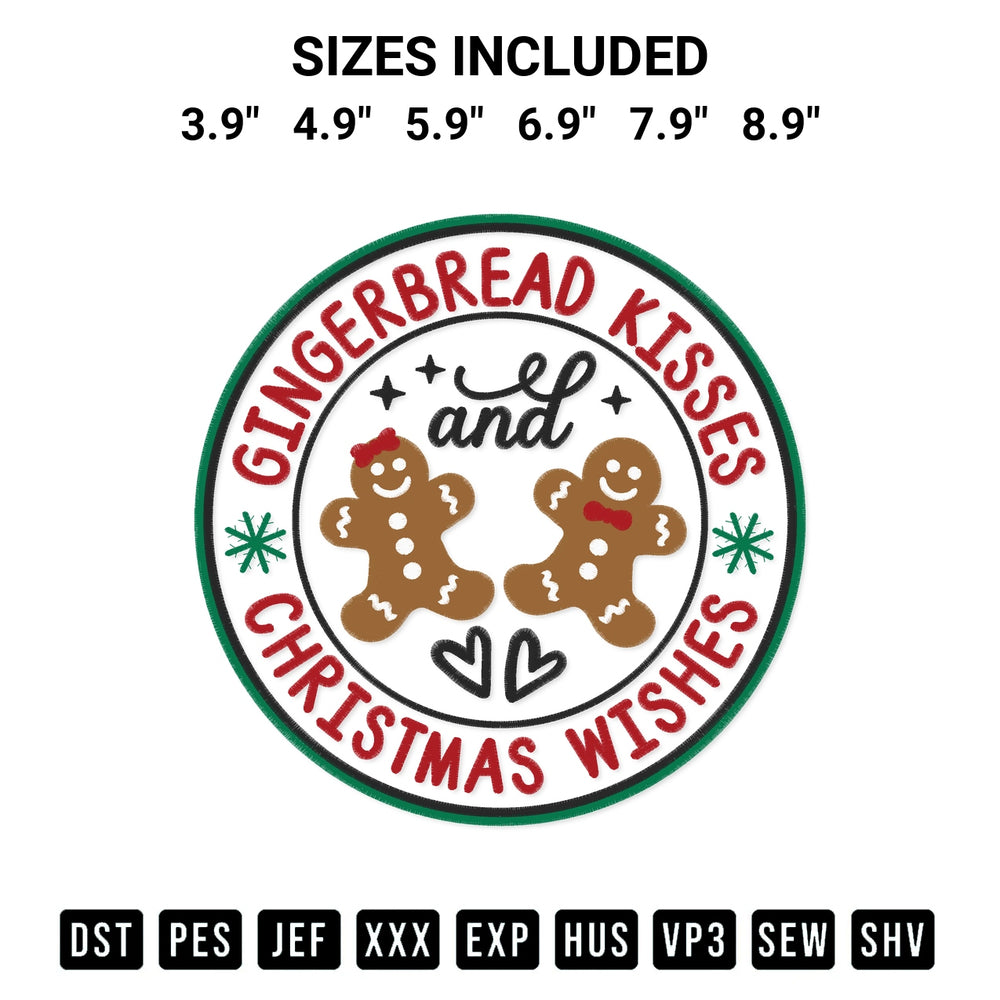 Discover the perfect addition to your crafting collection: Gingerbread Kisses Christmas Wishes Embroidery Design embroidery file. Instantly available at Designspacks.com. Available sizes: 3.9", 4.9", 5.9", 6.9", 7.9", 8.9".